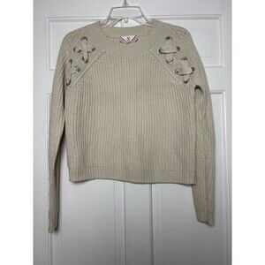 Pink Rose Women’s M Beige Cable Knit Sweater V Neck Short Cozy Soft